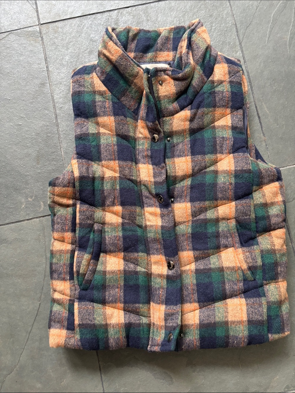Vanilla Bay Plaid Quilted Vest in Navy, Green & Orange